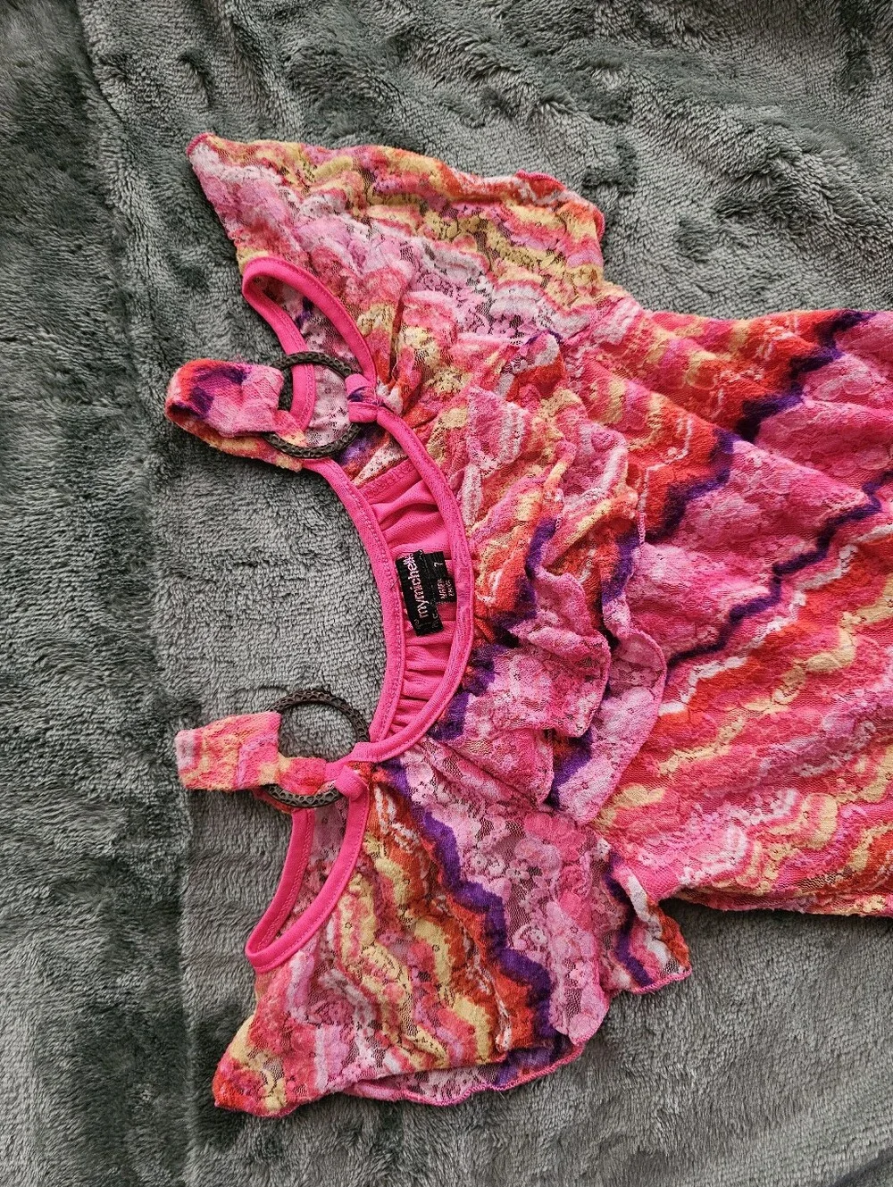 My Michelle Bright Pink Multicolor Ruffle Lace Denim Romper Suit Girls Size 7